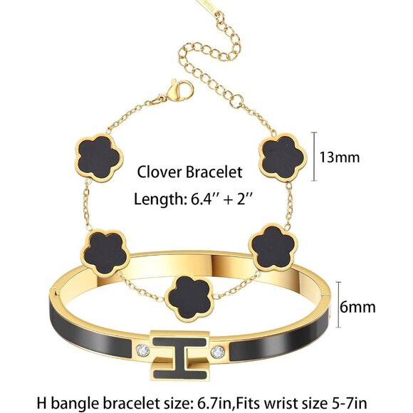 Women’s Gold-Black Stainless Steel H Bangle & Lucky Five-Leaf Clover Bracelets S - Picture 5 of 7